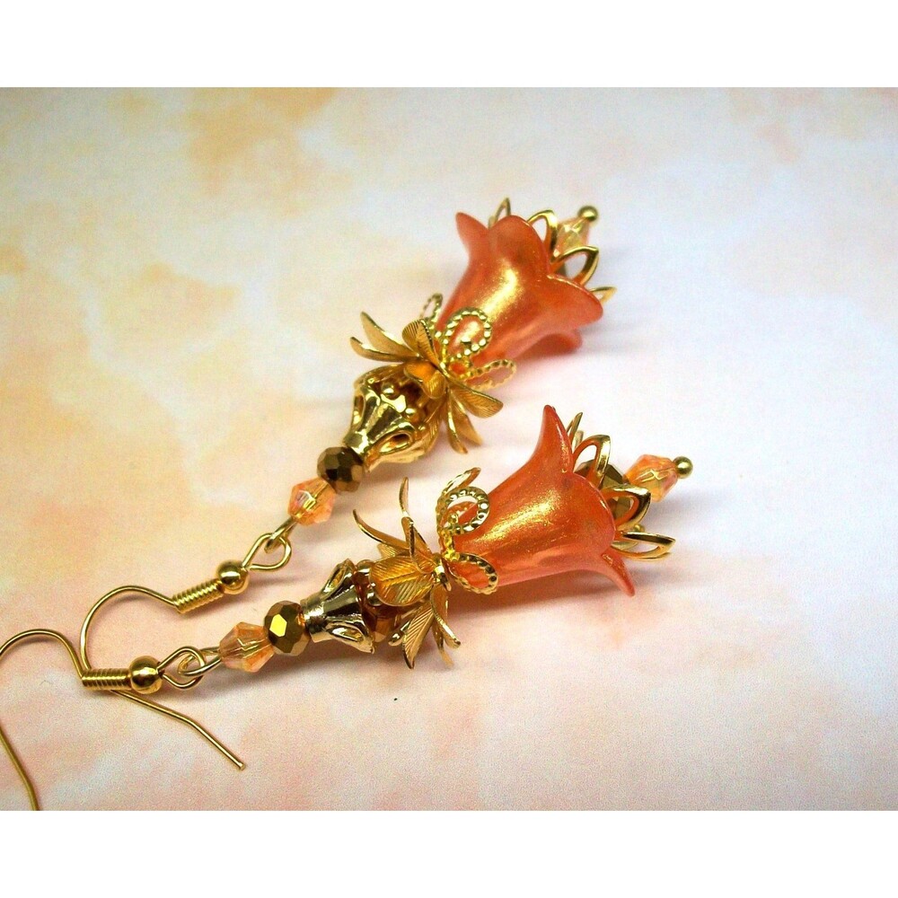 Orange Gold Boho Earrings Dangle, Vintage Style, Hand Painted, Artisan Crafted F